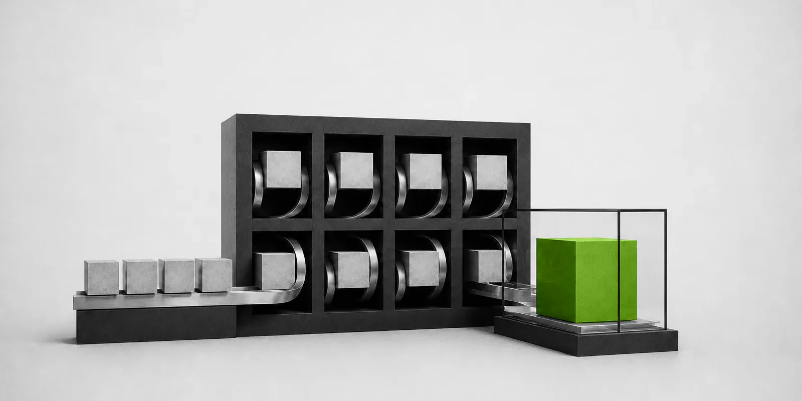Una arquitectura de memoria reutiliza bloques idénticos y entrega un gran resultado verde dentro de una cámara de vidrio.