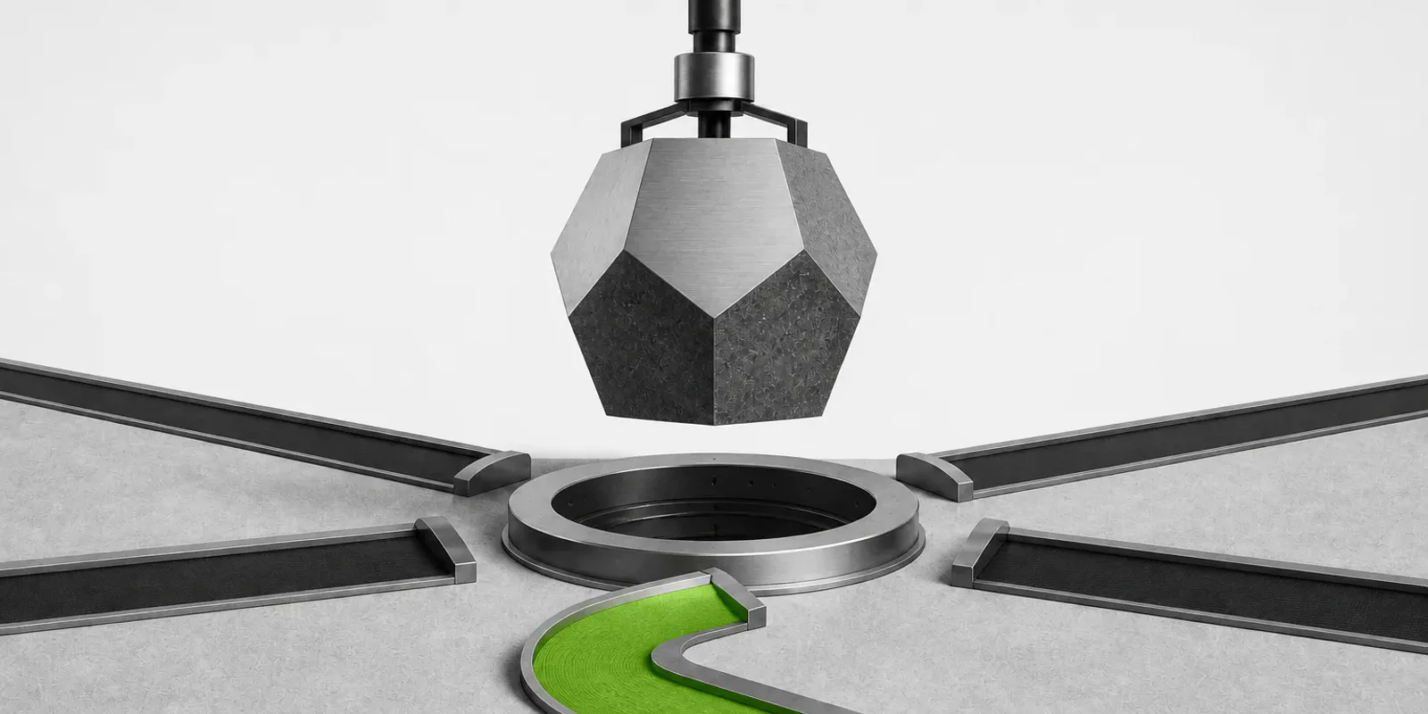 Una prensa geométrica cuelga sobre un nodo circular vacío mientras una vía verde se aleja entre varios carriles grises.