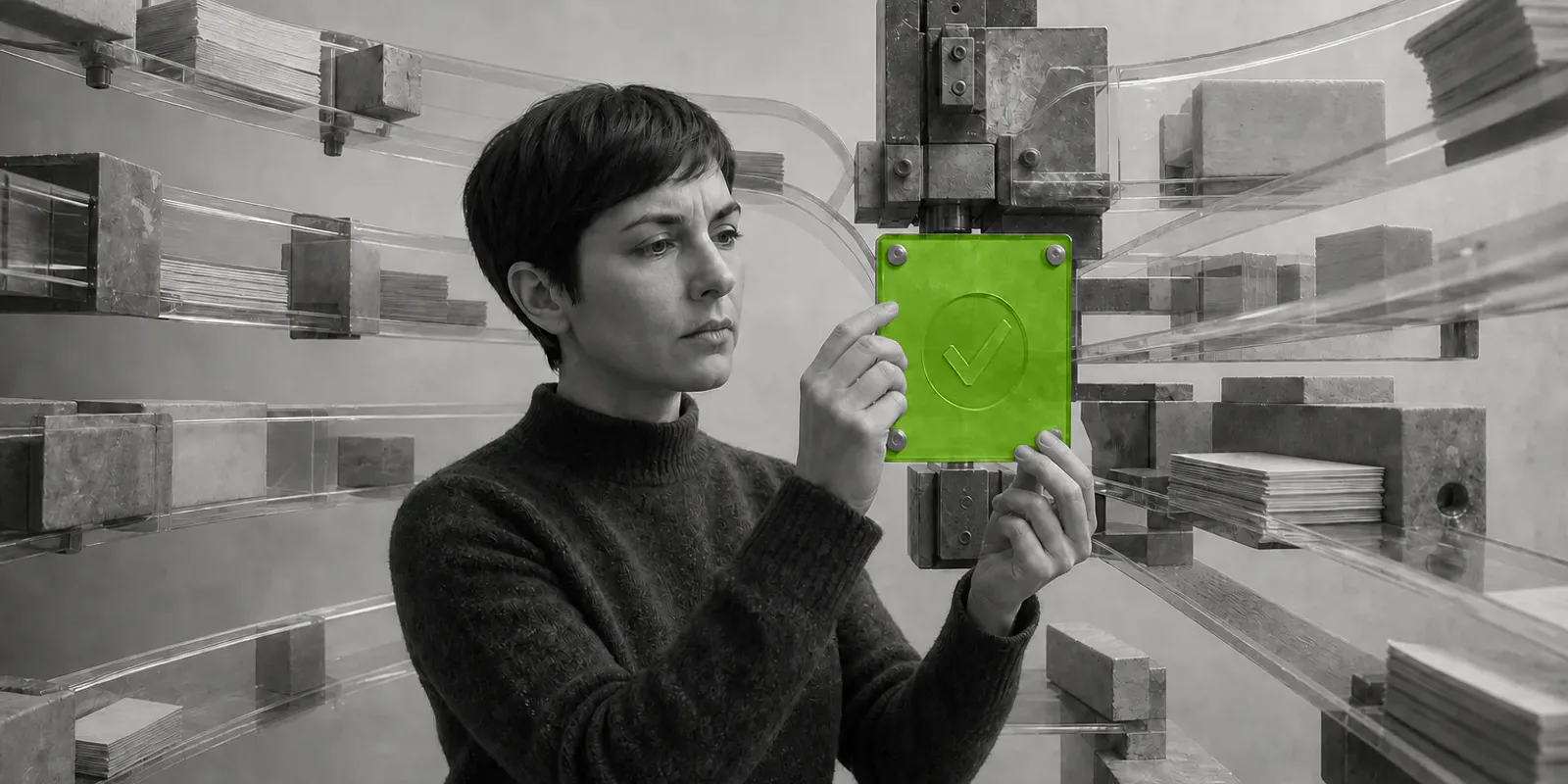 Una profesional de finanzas inspecciona una pieza verde dentro de un mecanismo de documentos y controles.