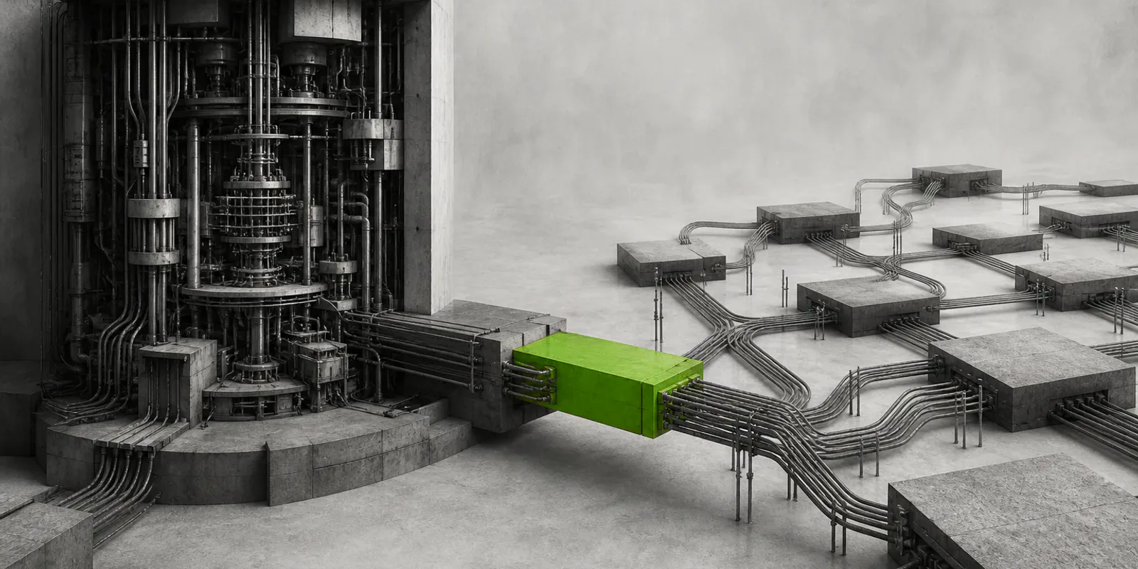 Un puente verde conecta un núcleo de laboratorio con una red distribuida de infraestructura en blanco y negro.