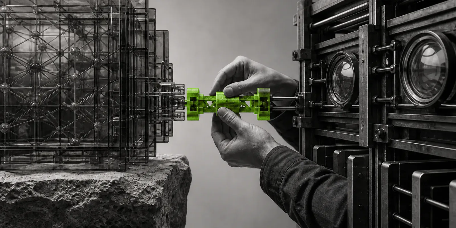 Dos manos conectan con una pieza verde un núcleo de vidrio y una estructura operativa de metal.