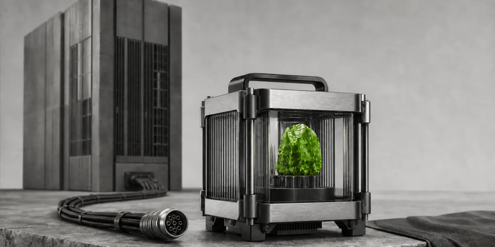 Un núcleo mineral verde funciona dentro de una máquina compacta desconectada de un gran servidor.