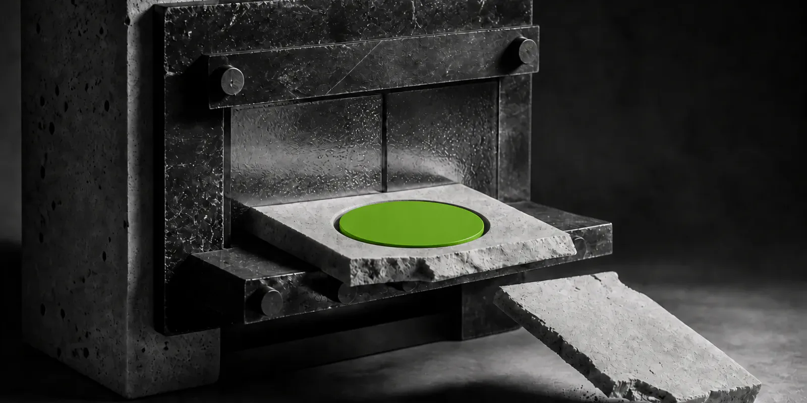 Una máquina de metal y hormigón sella en verde una salida intacta mientras otra pieza queda rota.