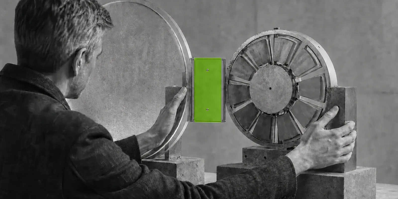 Un operario compara dos mecanismos circulares unidos por un panel verde.