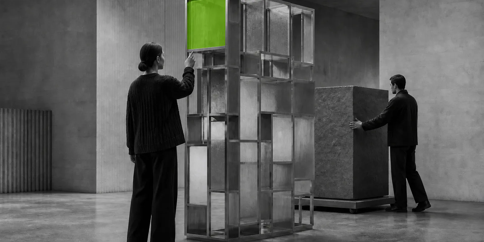 Dos personas inspeccionan una estructura de vidrio con una cámara verde sobre un bloque de piedra.