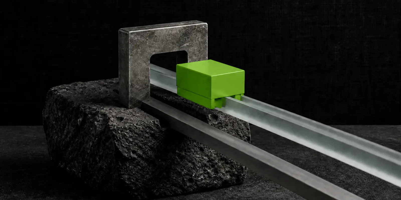 Un bloque verde atraviesa una puerta metálica sobre un raíl de vidrio.