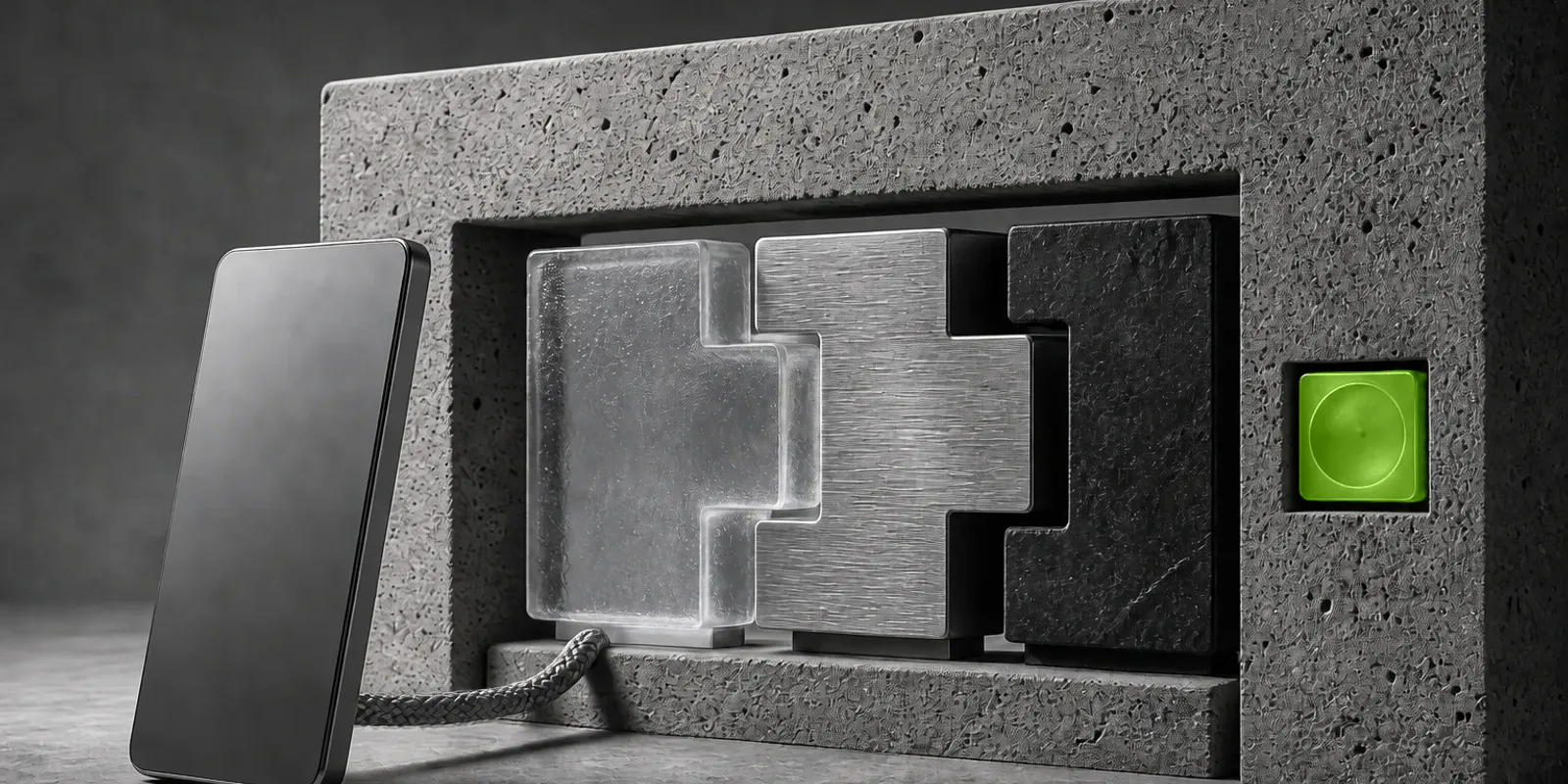Un dispositivo sin marca espera ante tres núcleos encajados en un portal de piedra con una única apertura verde.