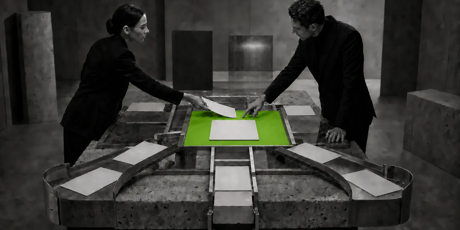 Dos profesionales jurídicos en blanco y negro coordinan documentos sobre una mesa de piedra, metal y vidrio, con una única superficie verde bajo el documento central.