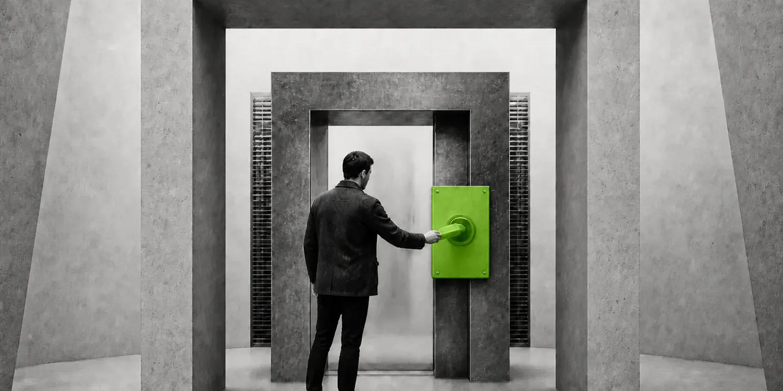 Una persona anónima en blanco y negro introduce una llave física verde en una placa de acceso, ante dos umbrales arquitectónicos.