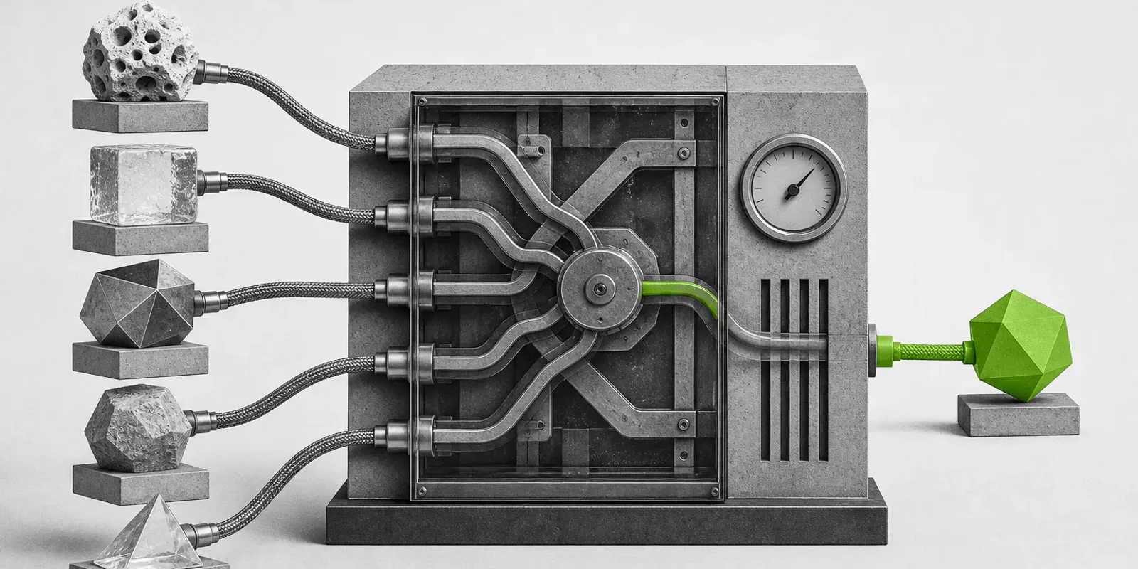 Cinco piezas abstractas de piedra, vidrio y metal entran por cables trenzados en un distribuidor con medidor; una única ruta verde emerge como salida seleccionada.