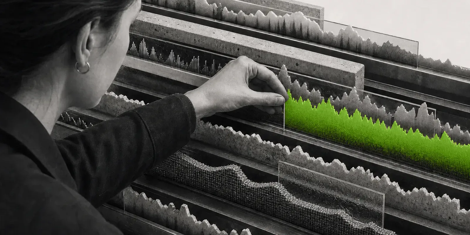 Una investigadora en blanco y negro extrae con una aguja un fragmento verde de una arquitectura de ondas de audio hecha de metal, hormigón, vidrio y tejido.