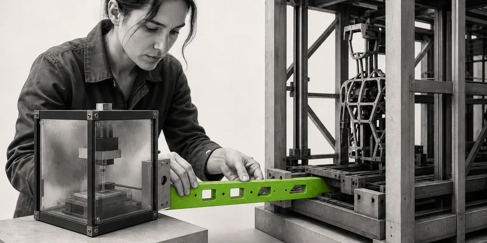 Una trabajadora en blanco y negro conecta con una placa verde un aparato de laboratorio a una gran estructura industrial con un armazón humanoide incompleto.