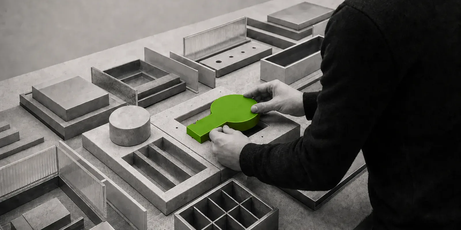 Una persona en blanco y negro sostiene una gran pieza verde sobre un hueco abierto entre módulos de piedra, metal y vidrio.