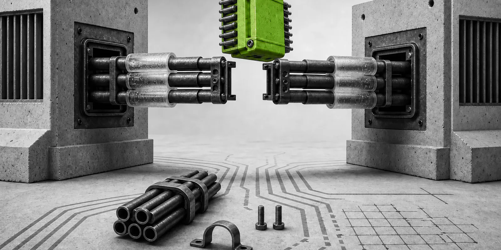 Un conector verde suspendido se separa de un puente de tubos de metal y vidrio entre dos bloques de hormigón en escala de grises.