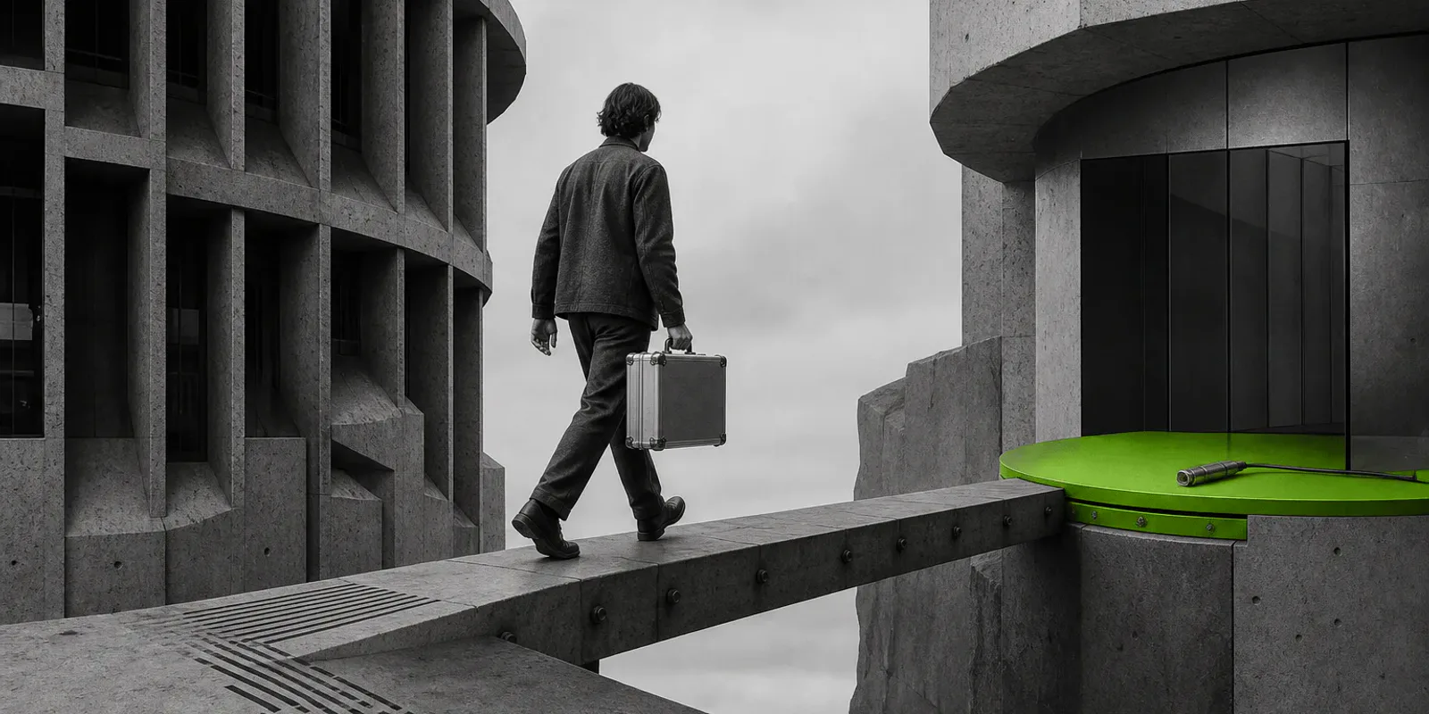 Una persona en escala de grises cruza una pasarela entre dos edificios hacia una plataforma verde.