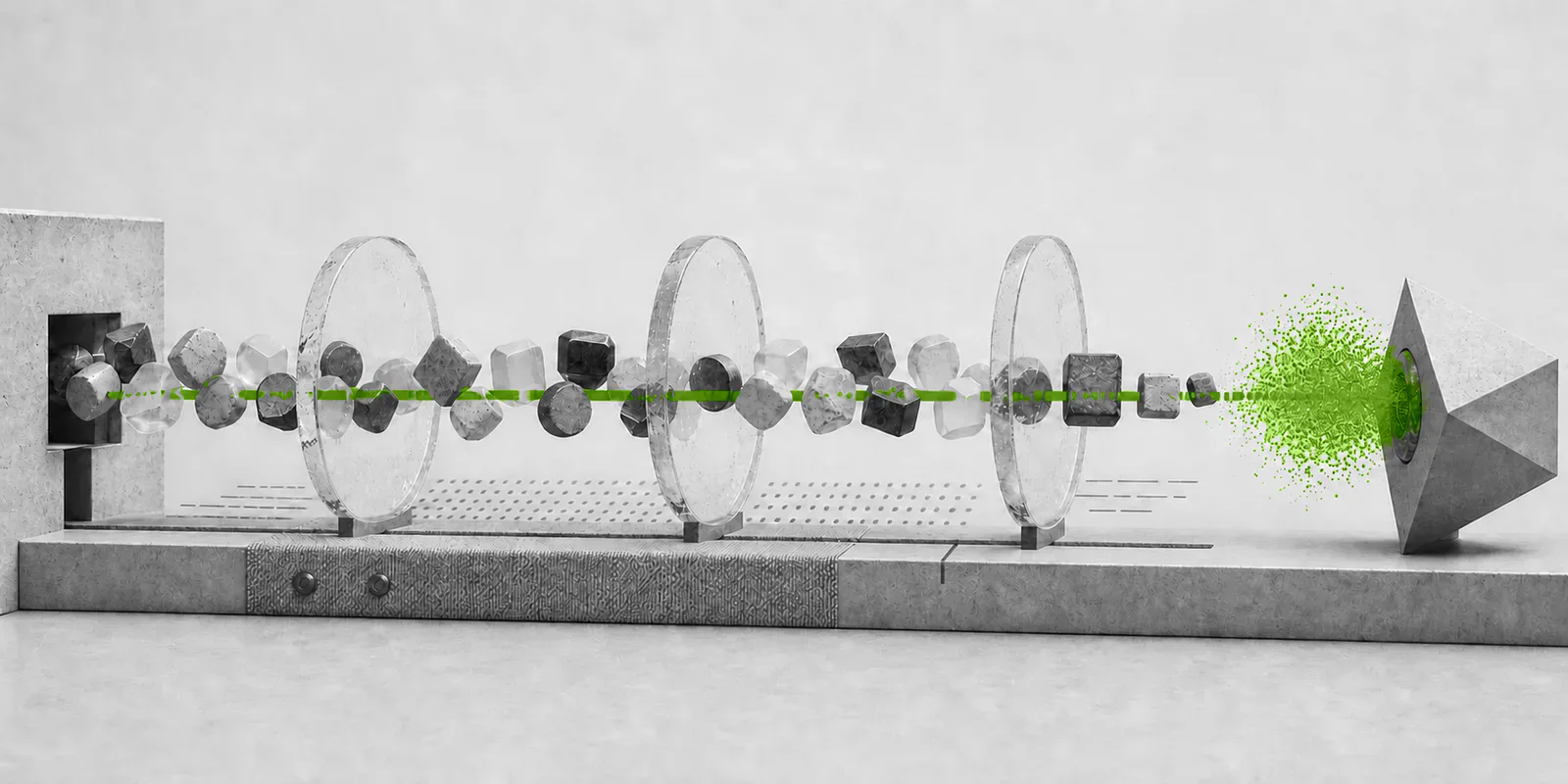 Una secuencia de piezas abstractas atraviesa anillos de vidrio mientras un pulso verde se conserva hasta un detector geométrico.