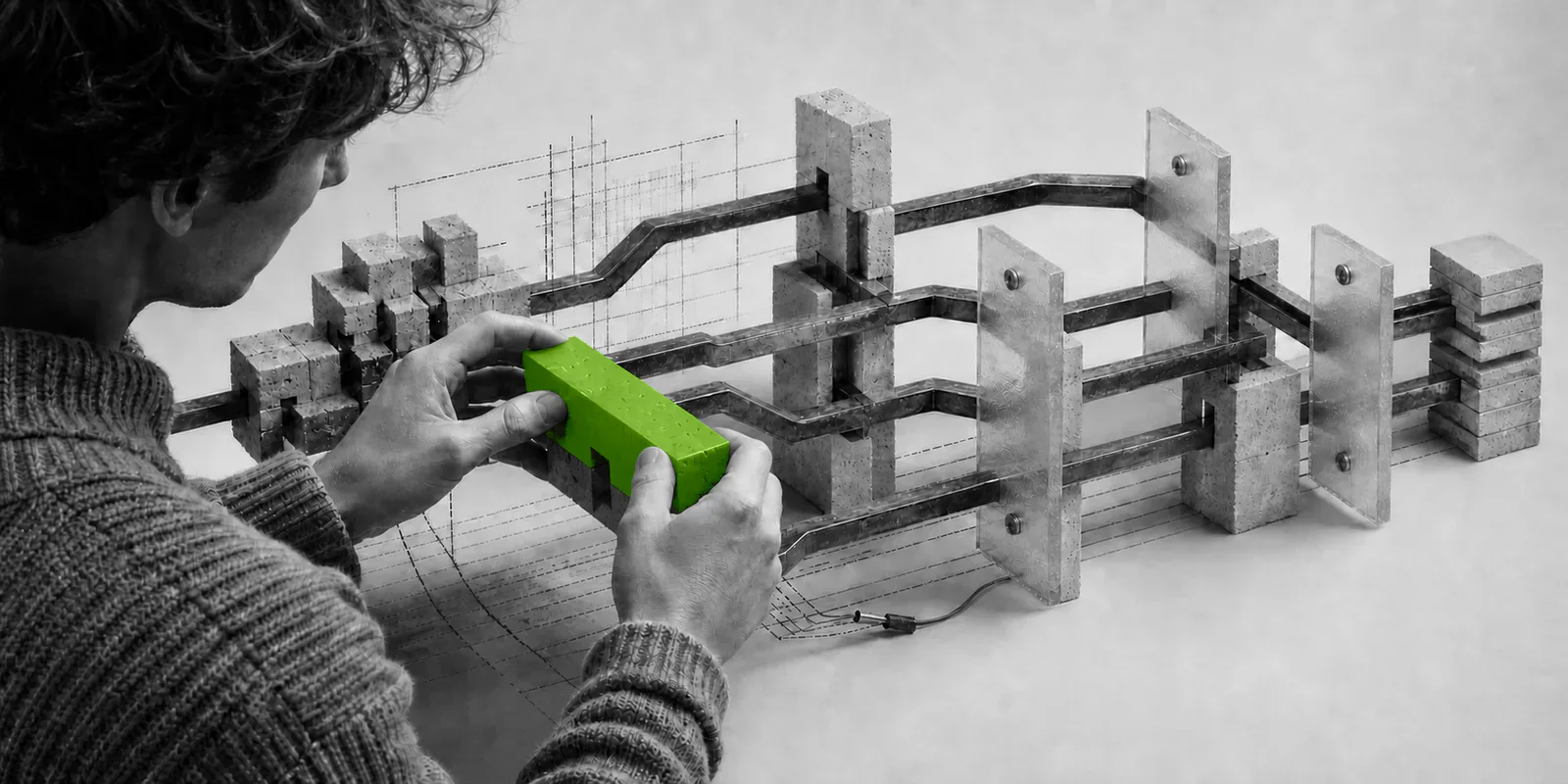 Una persona en escala de grises encaja un bloque verde en una estructura abstracta ramificada de metal, hormigón y vidrio.