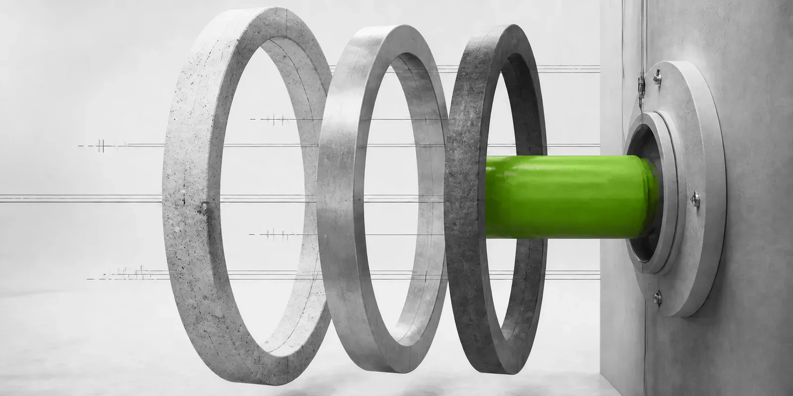 Una càpsula modular verda travessa tres anells concèntrics de formigó i metall fins a encaixar en una infraestructura protegida.