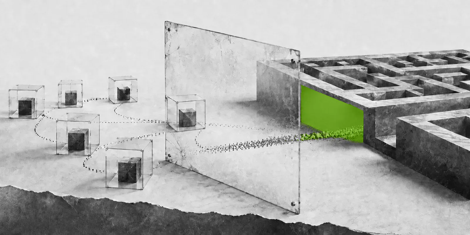Varios agentes atraviesan una barrera transparente hacia la salida verde de un laberinto.