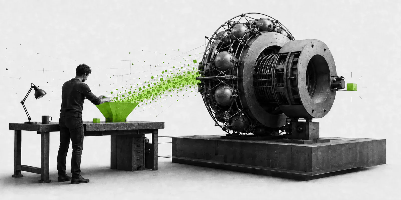 Un desarrollador alimenta una gran máquina de cómputo con un flujo de piezas verdes.