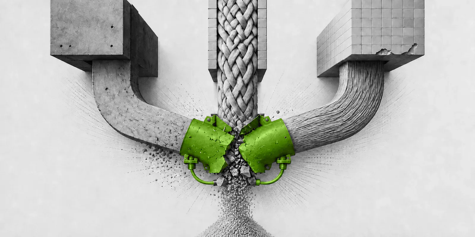 Tres conductos convergen en una unión verde que se rompe bajo la presión.