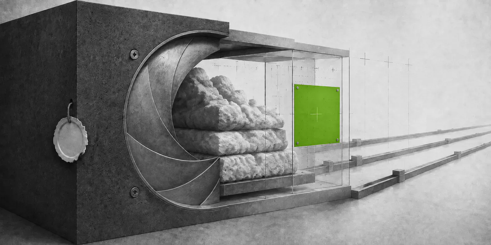 Una caja de piedra se abre mediante un diafragma metálico y revela volúmenes nubosos tras un panel verde de medición.