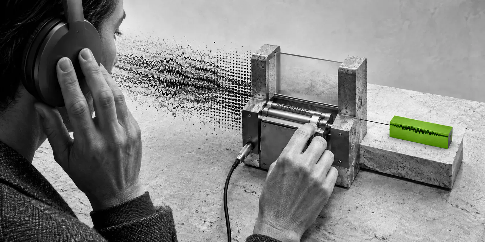 Una persona anónima escucha con auriculares mientras manipula un mecanismo de metal que convierte ondas desordenadas en una señal verde compacta.