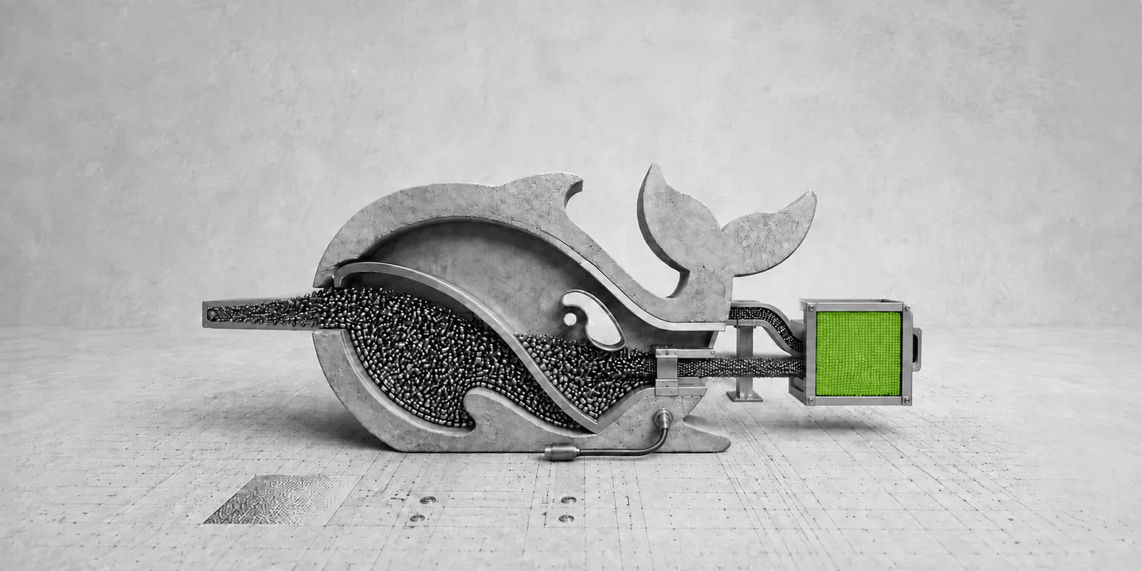 Escultura mecánica con forma de ballena comprime piezas metálicas y entrega un módulo verde.