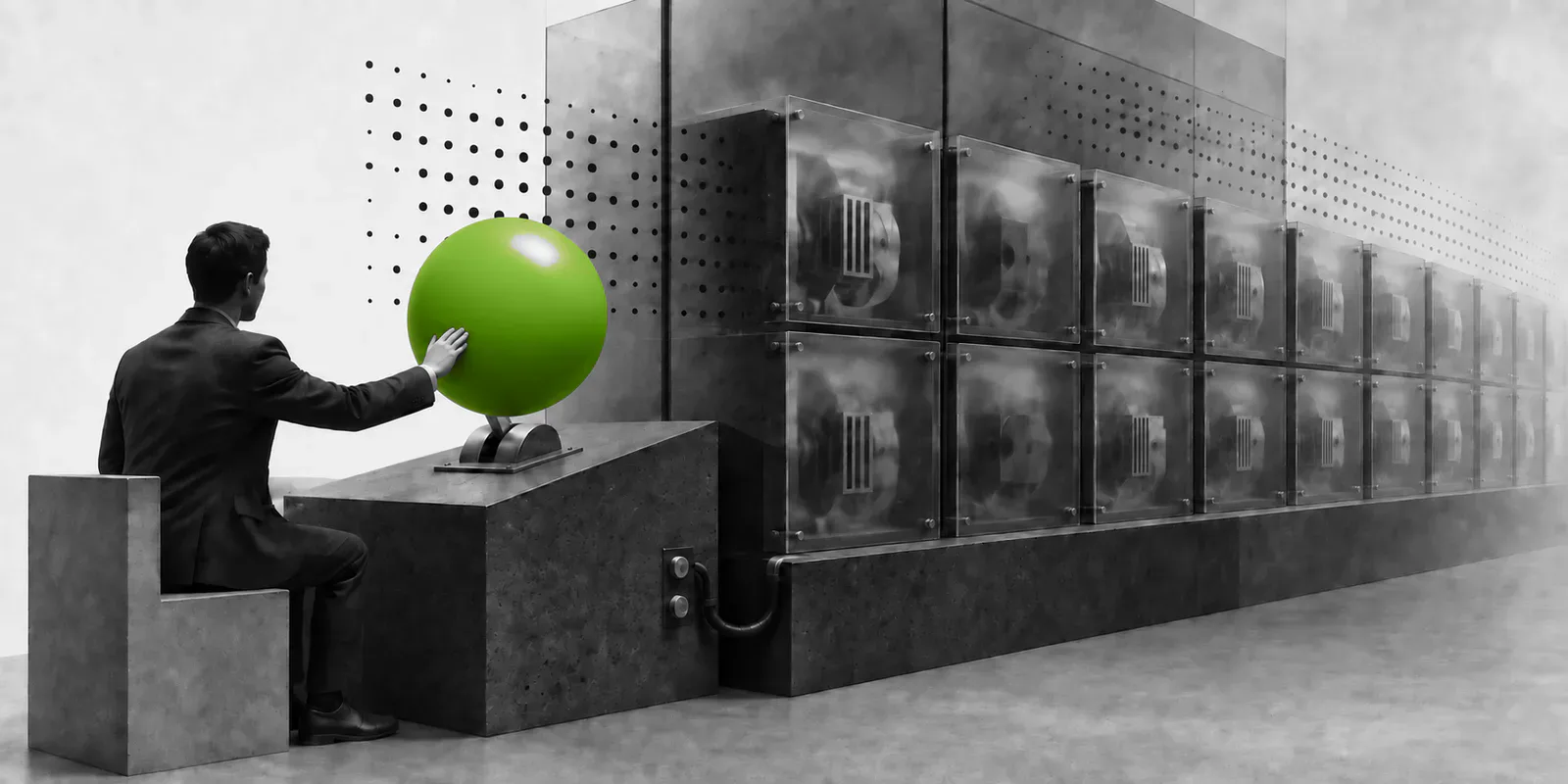 Un funcionario en blanco y negro toca una esfera verde frente a una pared de módulos sellados tras vidrio.