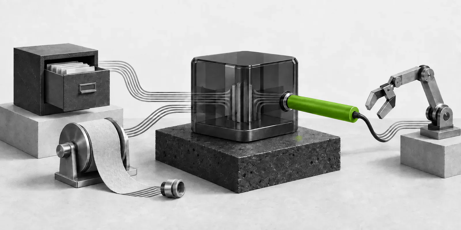 Un núcleo de vidrio negro reúne un archivador, una bobina y un brazo mecánico mediante un conector verde.