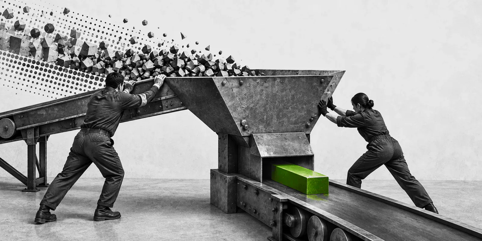 Dos operarios en blanco y negro empujan una tolva que comprime fragmentos en un bloque verde.