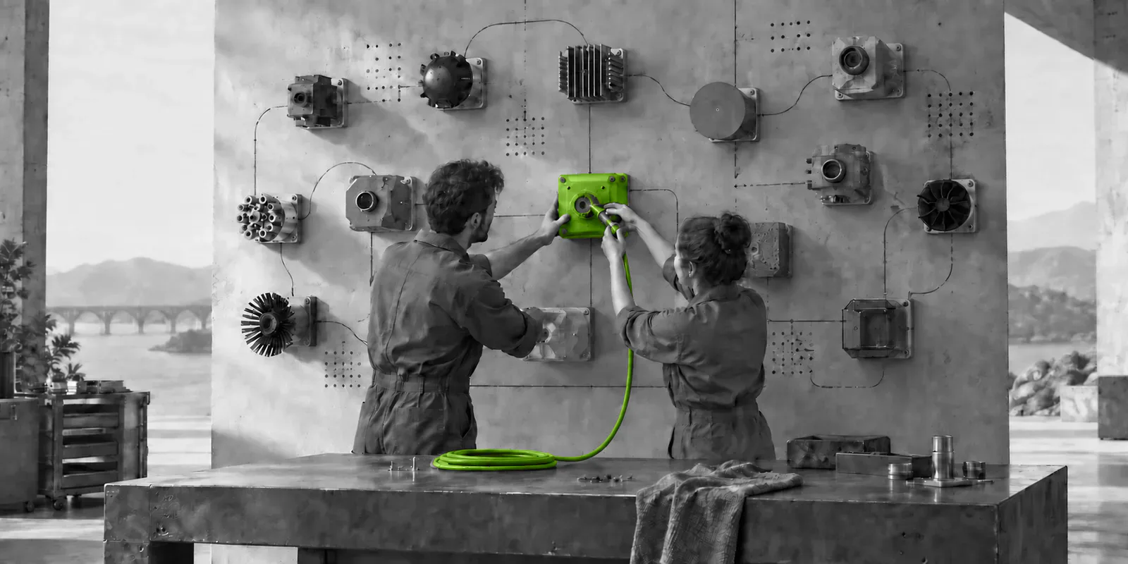 Dos operarios conectan un módulo verde elegido entre una pared de herramientas intercambiables.