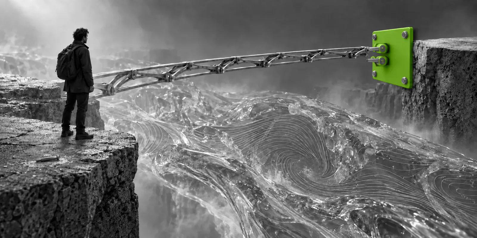 Una persona contempla un puente metálico sobre una corriente turbulenta, unido al otro extremo por una placa verde.