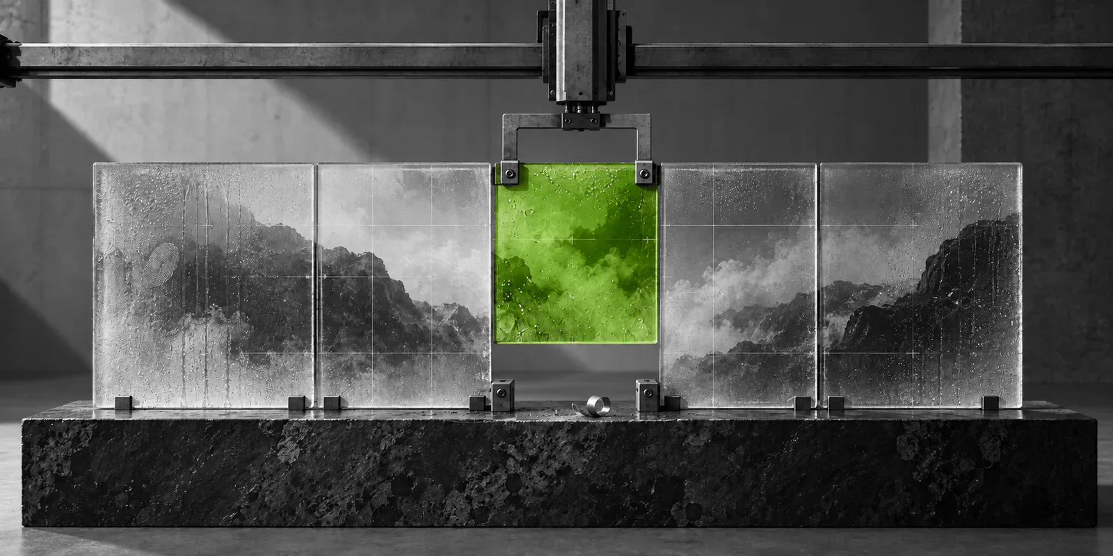 Una máquina sustituye por una placa verde una sección de vidrio entre paneles en blanco y negro.