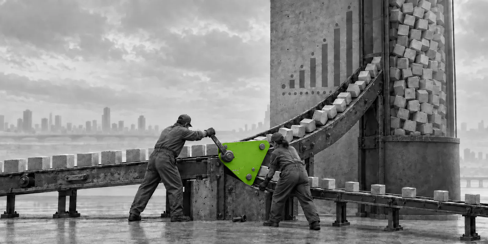 Dos operarios regulan una cinta que desvía bloques hacia un depósito mediante una placa verde.