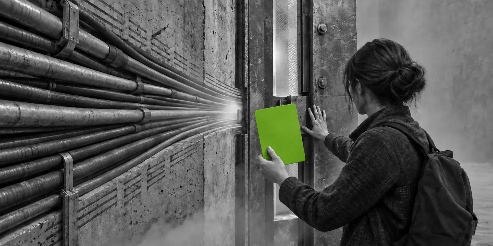 Una persona anónima sostiene una placa verde ante una compuerta cerrada donde convergen conductos metálicos.