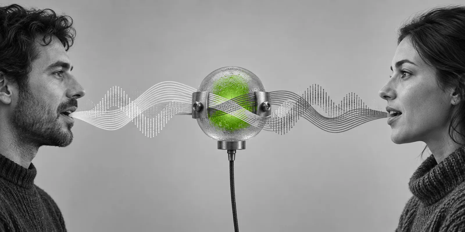Dos perfiles anónimos en blanco y negro conversan mediante ondas que atraviesan un nodo verde de vidrio.