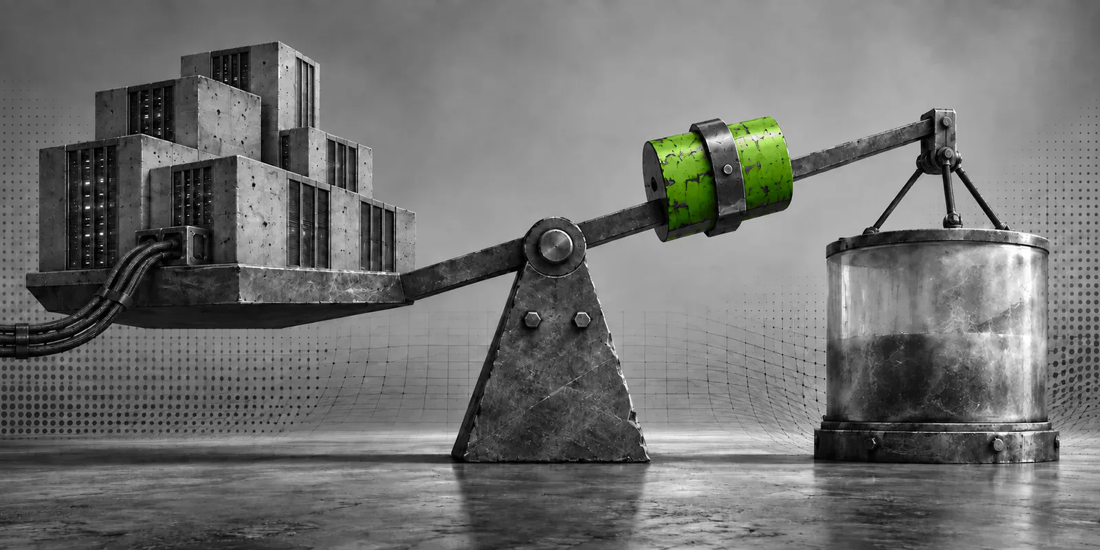 Una balanza de metal contrapone bloques de centros de datos a un depósito tensado, con un único contrapeso verde.