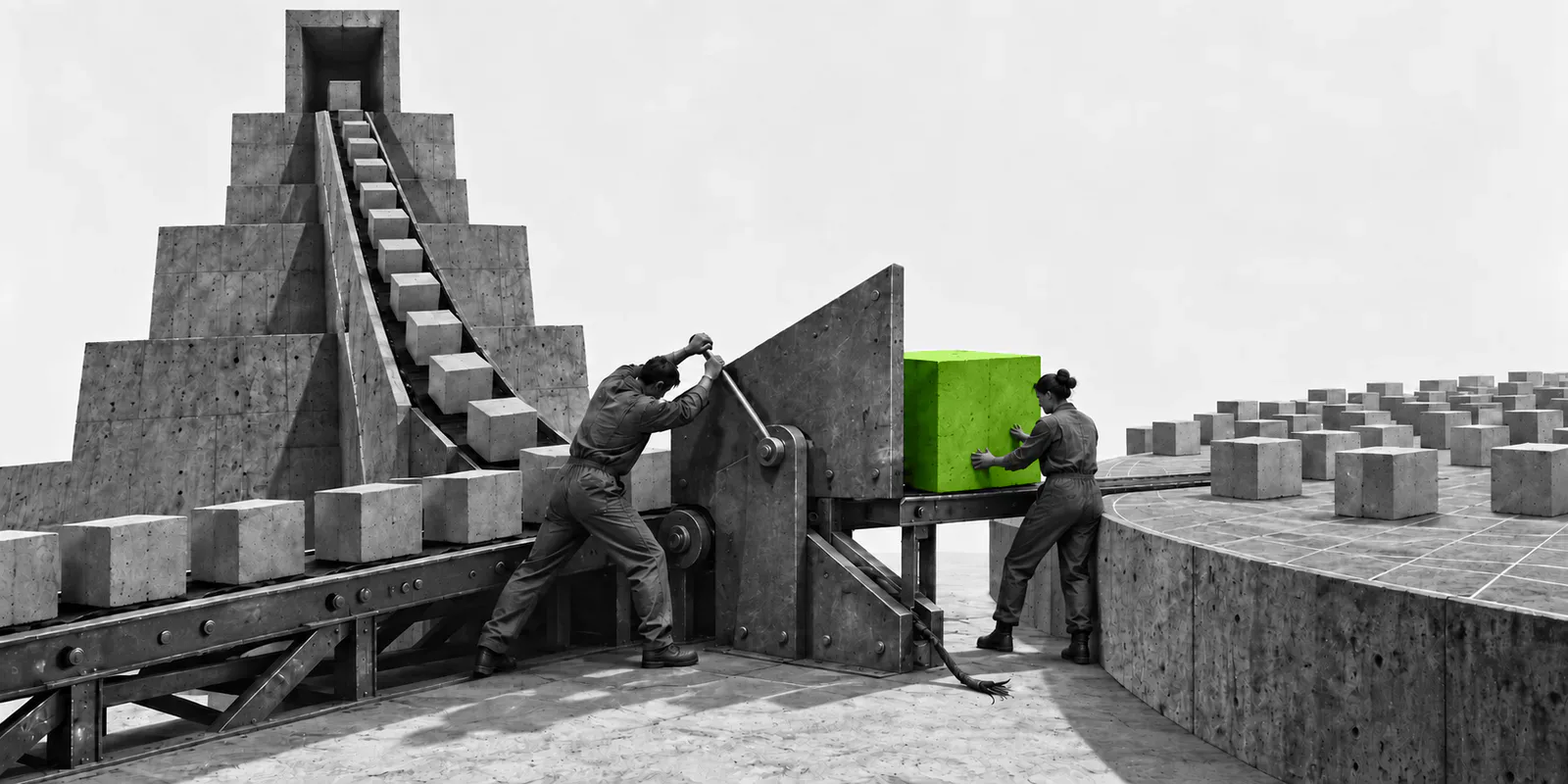 Dos trabajadores en blanco y negro accionan una compuerta que desvía bloques de hormigón entre una pirámide y una plataforma, con un único bloque verde en el cruce.
