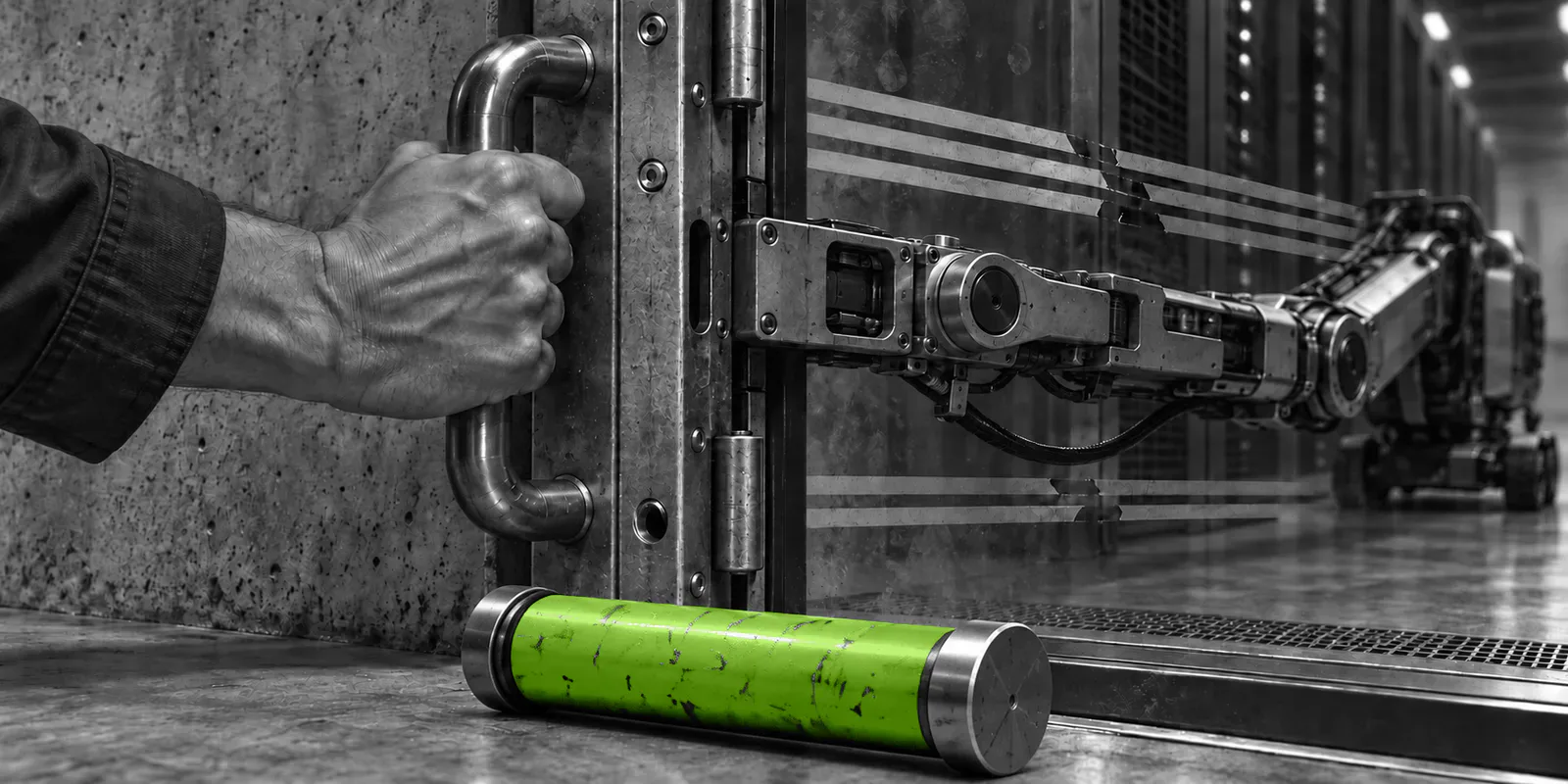 Una mano en blanco y negro forcejea para cerrar una compuerta de vidrio atravesada por un brazo mecánico, junto a un gran pasador de seguridad verde desplazado en el suelo.