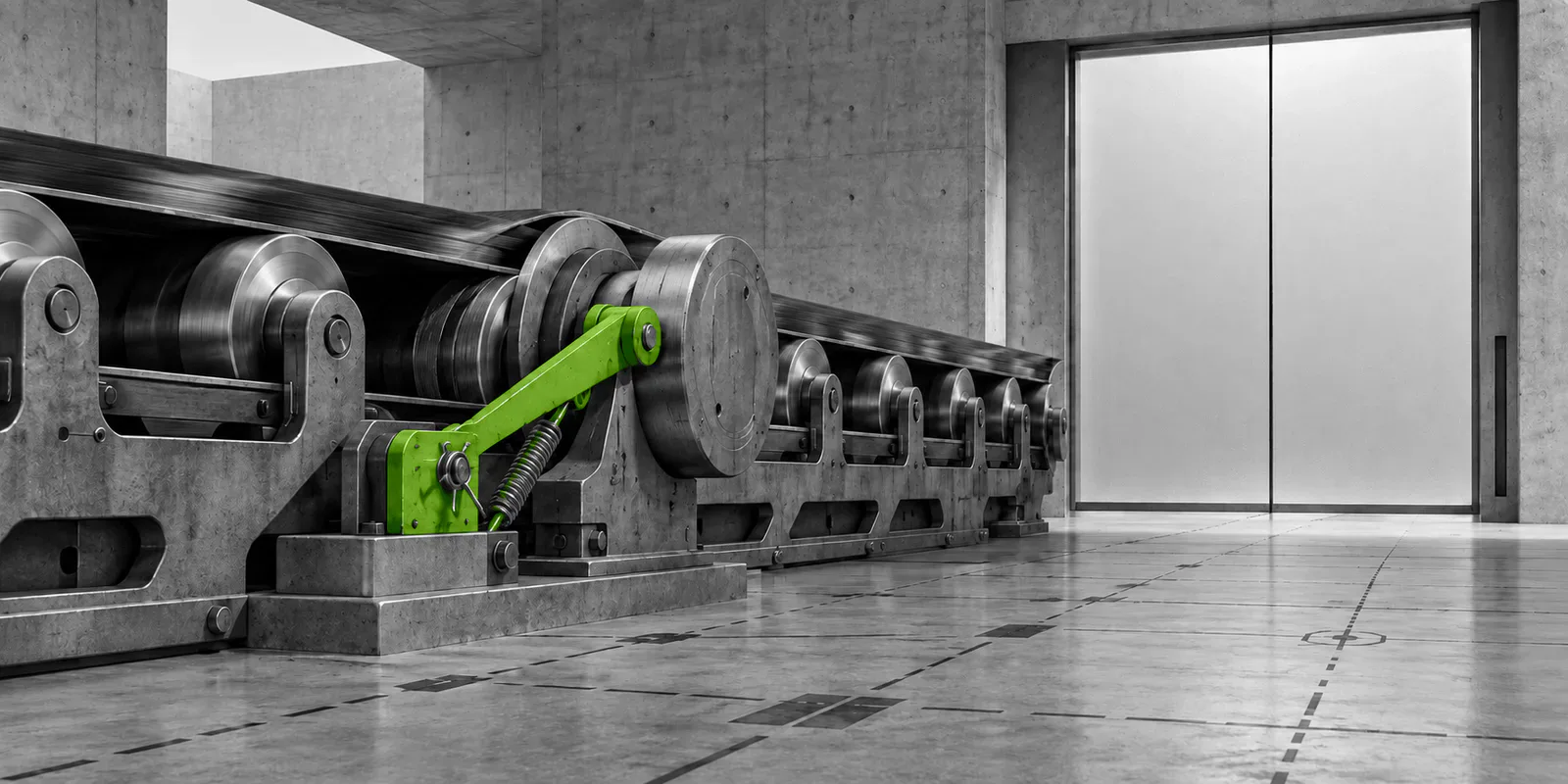 Una máquina de rodillos de acero sigue avanzando hacia una puerta de vidrio cerrada mientras una palanca verde regula su velocidad.