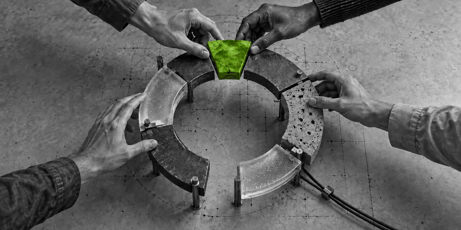 Cuatro manos en blanco y negro encajan una pieza verde en una estructura circular abierta de metal, vidrio y piedra.
