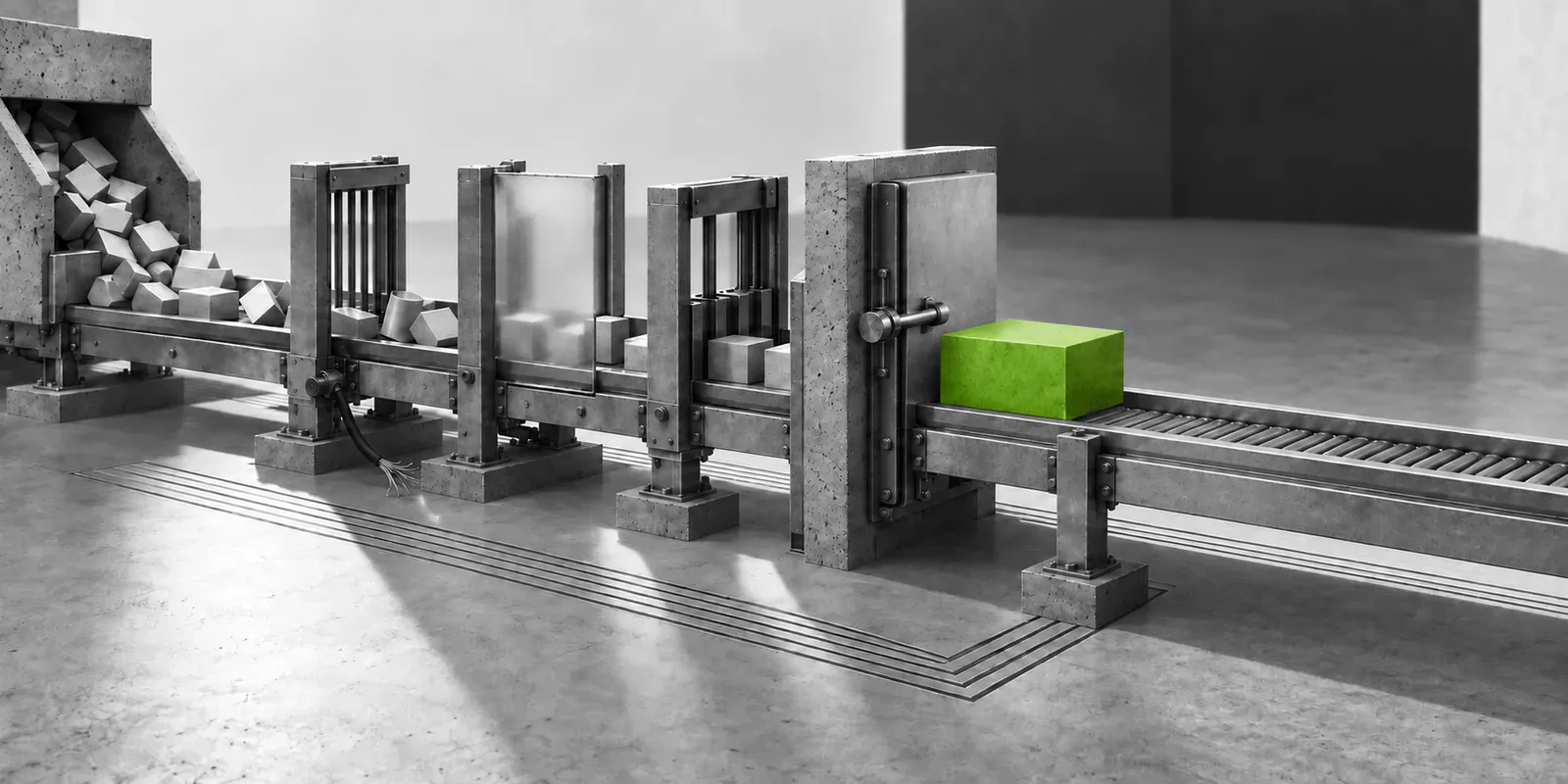 Una línea de montaje conduce bloques sueltos por varias puertas hasta un único bloque verde tras una barrera final.