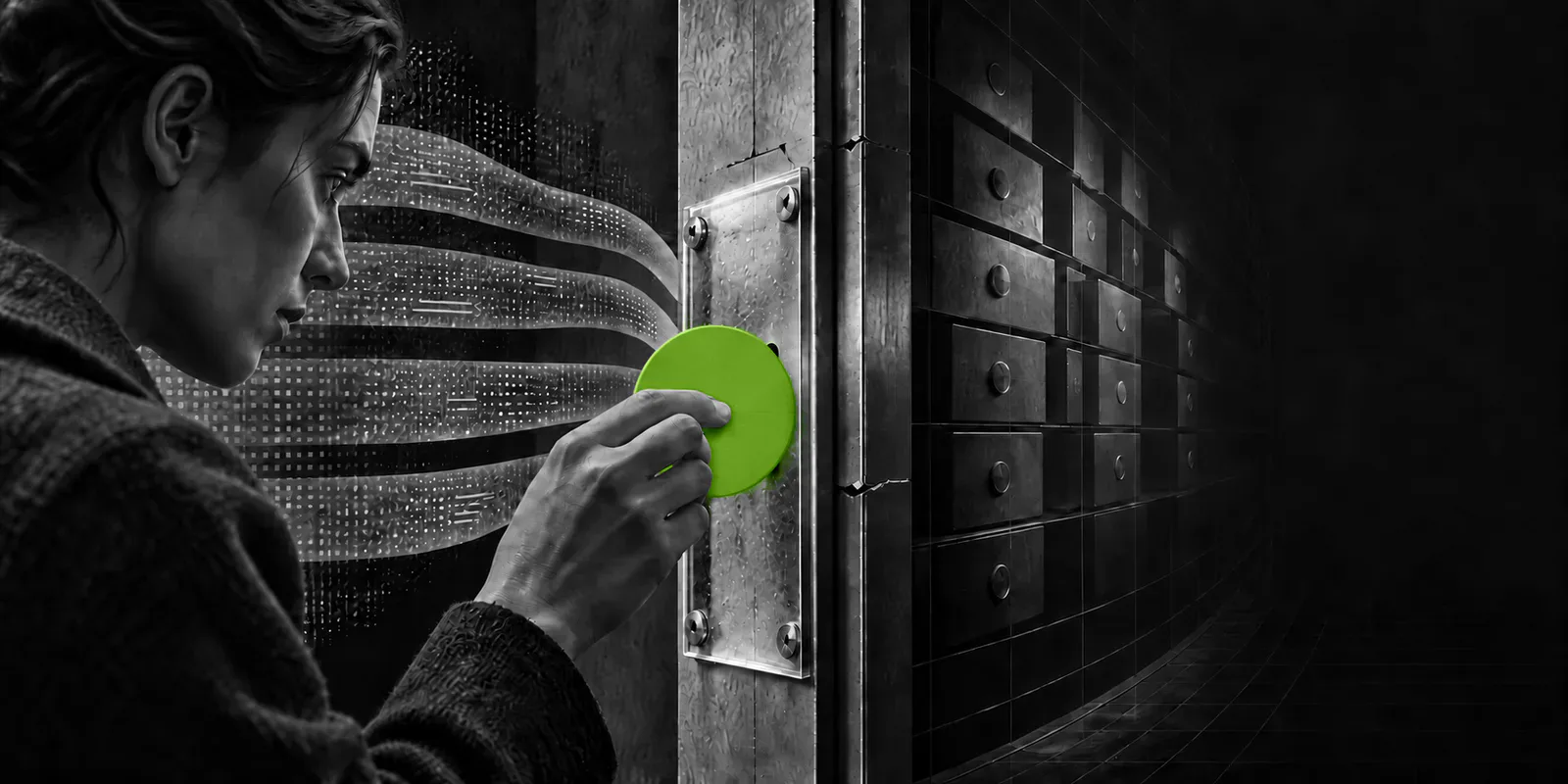 Una persona anónima introduce un disco verde de permiso en una bóveda de memoria conectada por canales de datos.