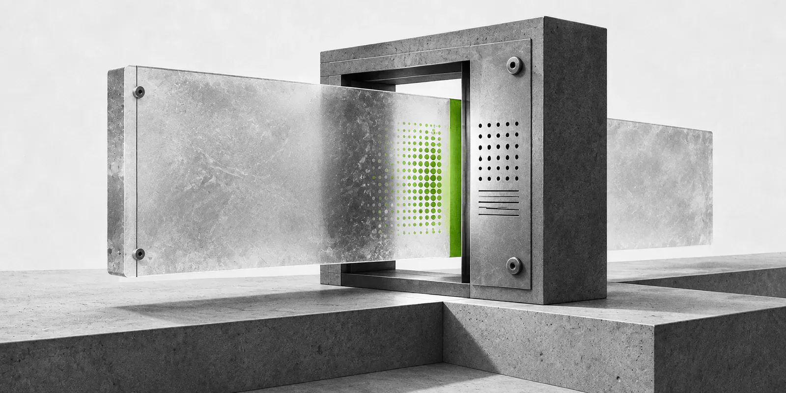 Una placa de vidrio atraviesa un arco de inspección y revela una franja verde con una trama de puntos incrustada.