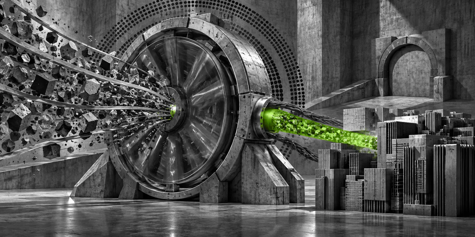 Un rotor monumental concentra fragmentos grises y envía un estrecho flujo verde hacia una infraestructura de hormigón, junto a una salida sellada.