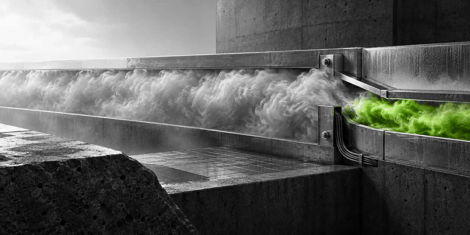 Un gran canal gris separa una corriente verde menor dentro de una estructura de vidrio, metal y hormigón.