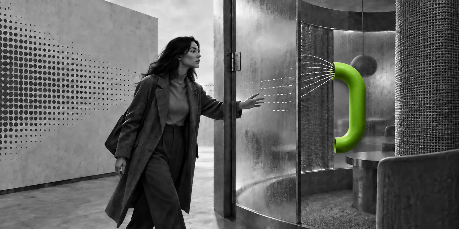 Una persona anónima en escala de grises atraviesa una puerta de vidrio mientras unas líneas de flujo desembocan en un conducto verde.
