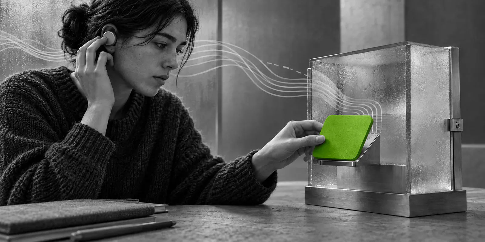 Una estudiante en escala de grises escucha una grabación y recoge una ficha verde que emerge de una estructura de vidrio.