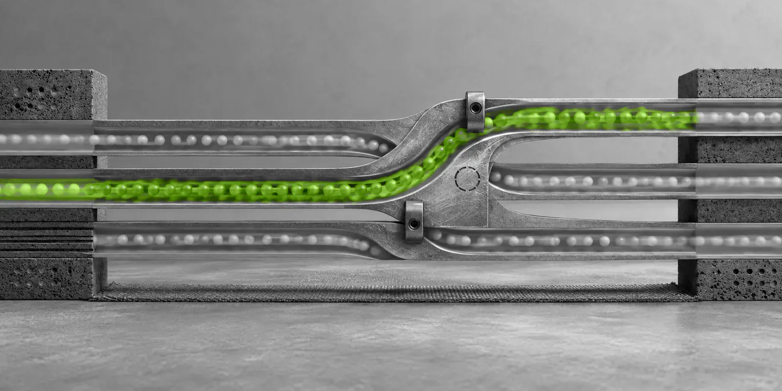 Un flujo verde cambia de carril dentro de un mecanismo de rutas grises.